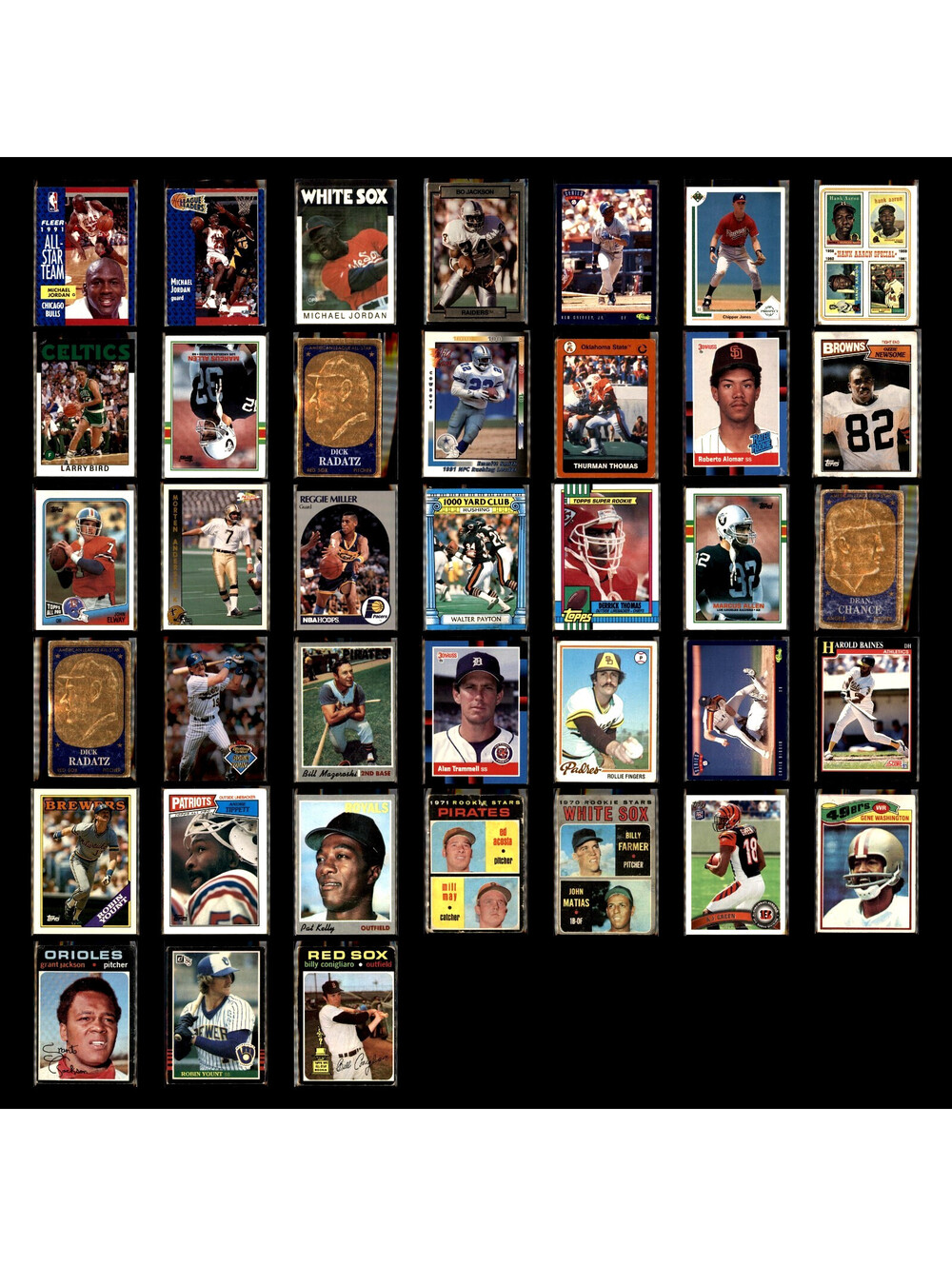 38 Card NBA MLB NFL w/HOF Lot Jordan, Aaron, Griffey, Payton+++ Poor/Low Grade